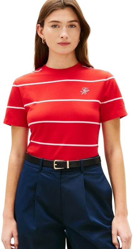 Tommy Hilfiger Women's Th Script Reg C-Nk Ss Tee Ww0Ww47809, RED, XS