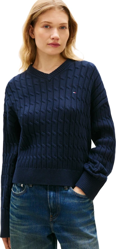 Tommy Hilfiger Women's Co Cable Mid Gg RLX Ls V-Nk SWT WW0WW48433, Blue, L