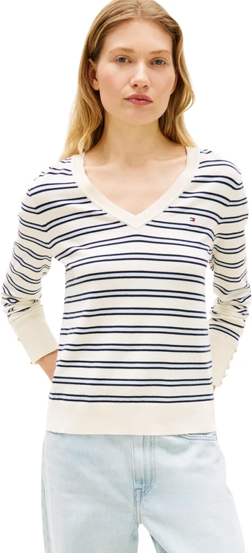 Tommy Hilfiger Women's Co Jersey Stitch V-Nk Sweater Ww0Ww40098, Beige, XXS