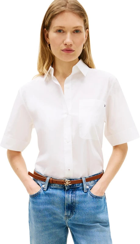 Tommy Hilfiger Women's Ess Poplin Ss Shirts WW0WW48899, White, XS