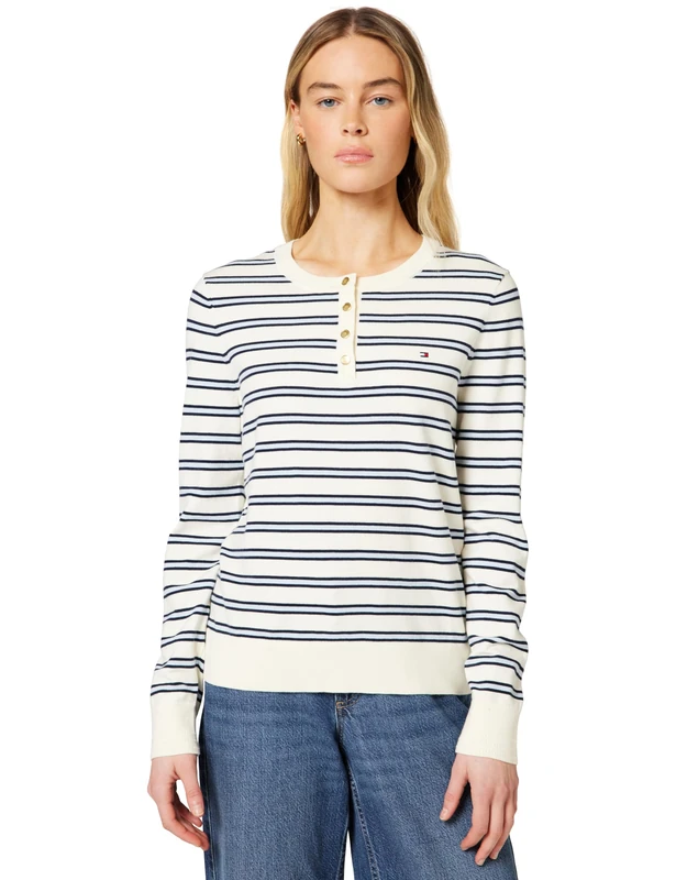 Tommy Hilfiger Women’s Jumper Jersey Fine Henley with Button Placket, Multicolor (Calico/Dark N Navy/Blue STP), S