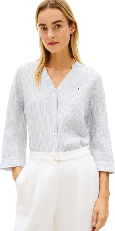 Tommy Hilfiger Women’s Shirt Linen Collarless Half Sleeve, Blue (Chalk STP Ecru Blue Orbit), XS