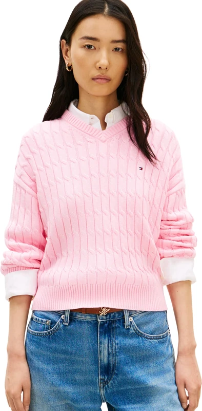 Tommy Hilfiger Women’s Jumper Cable Mid with V-Neck, Pink (Classic Pink), S