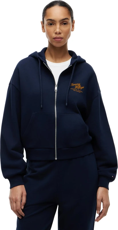 Tommy Hilfiger Women’s Hoodie with Zip Script Zip Terry in Cotton, Blue (Dark Night Navy), XXS