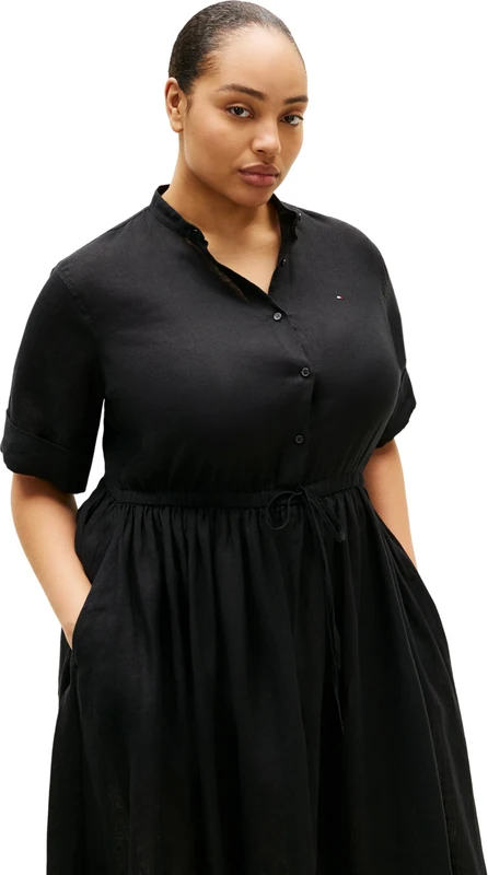 Tommy Hilfiger Women's CRV Linen Midi Shirt Dress Ss WW0WW50868, Black, 46