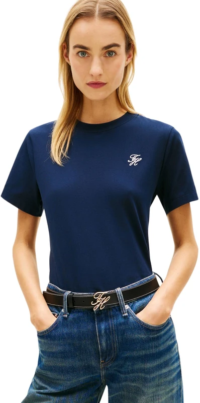 Tommy Hilfiger Women's Th Script Reg C-Nk Ss Tee Ww0Ww47809, Blue, XL