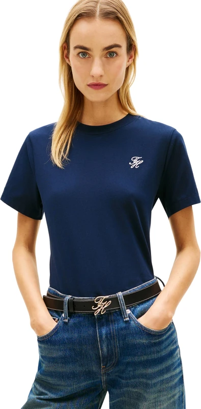 Tommy Hilfiger Women's Th Script Reg C-Nk Ss Tee Ww0Ww47809, Blue, M