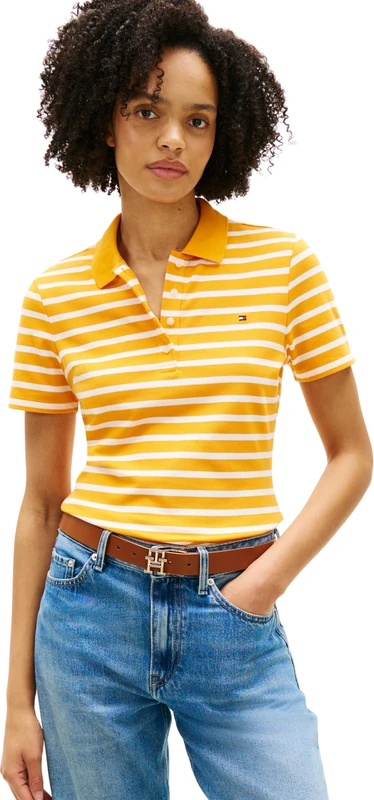 Tommy Hilfiger Women’s Polo Shirt Short Sleeve 1985 Pique Slim Fit, Orange (Breton Stripe Orange Flash/Ecru), XS