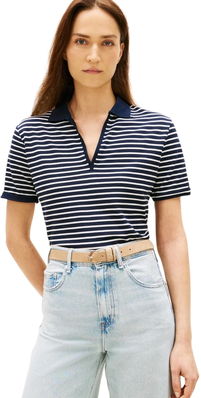 Tommy Hilfiger Women's Lyocell Pique Open-Nk Ss Polo WW0WW48720, Blue, XL