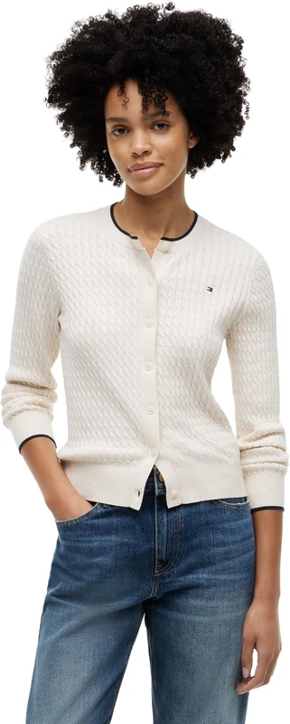 Tommy Hilfiger Women's Co Cable C-Nk Cardigan Ww0Ww43329, Beige, S