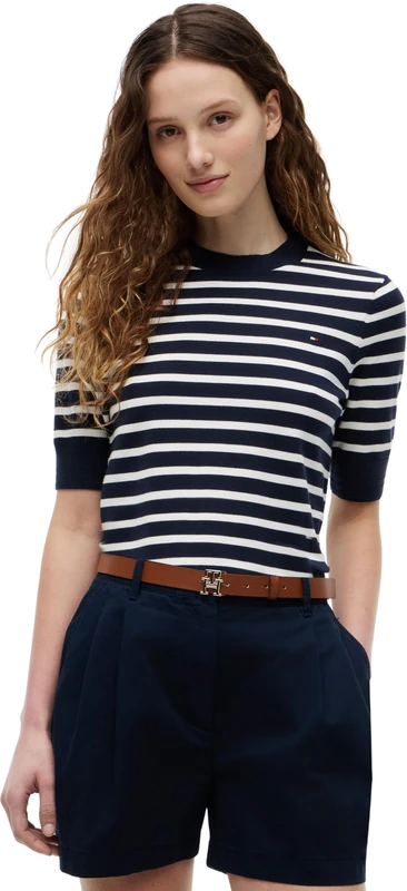 Tommy Hilfiger Women’s Jumper Jersey Short Sleeve, Multicolor (Dark Night Navy/Ivory Petal STP), S