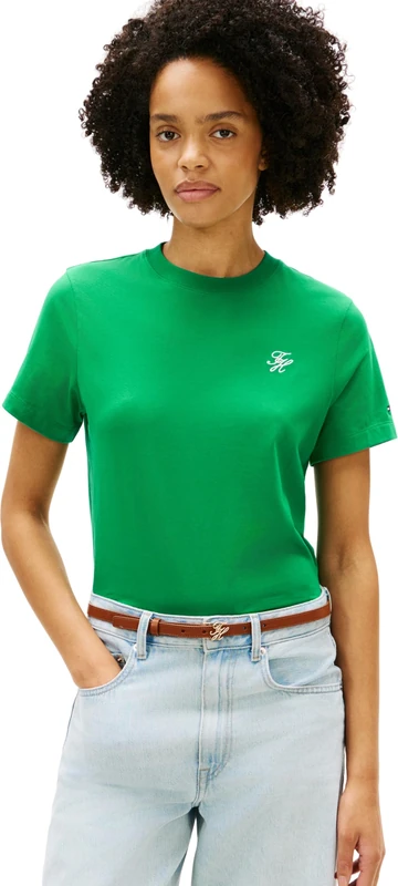 Tommy Hilfiger Women's Th Script Reg C-Nk Ss Tee Ww0Ww47809, Green, L - Image 1