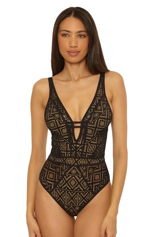 Becca Women's Color Play One Piece Swimsuit, Plunge Neck, Crochet, Bathing Suits, Black Tan, S