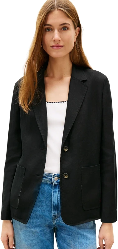 Tommy Hilfiger Women’s Blazer Essential Linen with Button Placket, Black (Black), 14