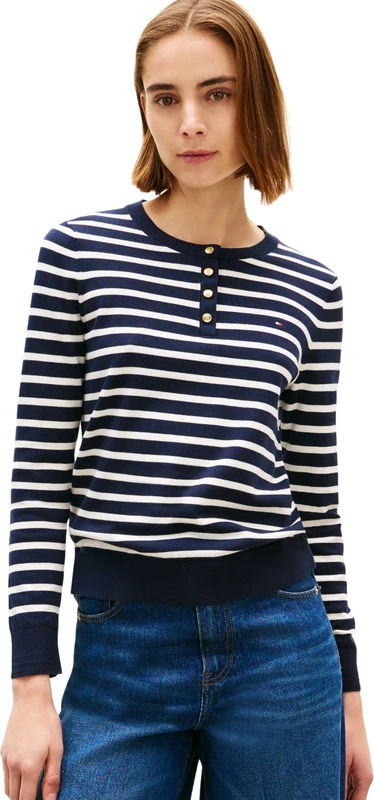 Tommy Hilfiger Women’s Jumper Jersey Fine Henley with Button Placket, Blue (Dark Night Navy/Ivory Petal STP), S