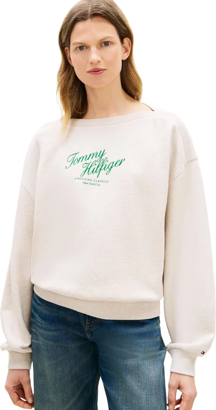 Tommy Hilfiger Women’s Sweatshirt Script Terry in Cotton, Off-White (Heather Oatmilk), XXS