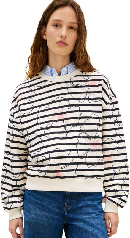 Tommy Hilfiger Women’s Sweatshirt Flower Graphic Relaxed Fit, Multicolor (Breton Stp Ivory Silk/Navy Poppy), XXS