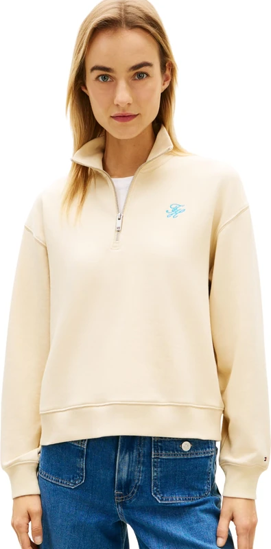 Tommy Hilfiger Women's Sweatshirt Script Half Zip with Stand Collar, Off-White (Country Ivory), XL