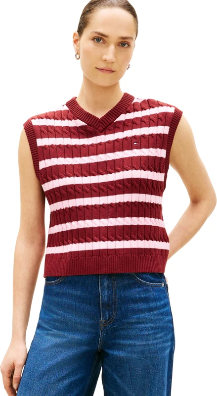 Tommy Hilfiger Women's Co Cable Mid Gg V-Nk Vest WW0WW48466, RED, S