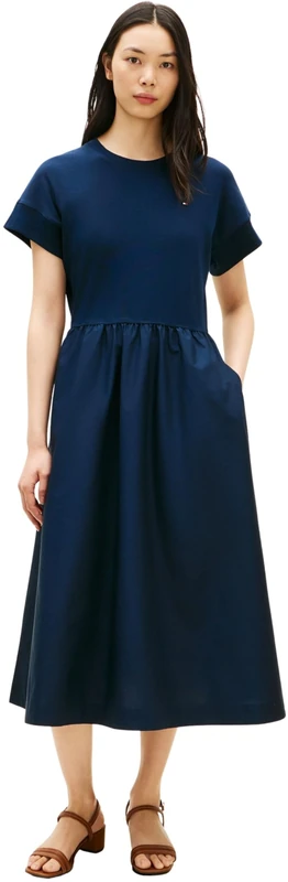 Tommy Hilfiger Women's Cody Mix Media C-Nk Midi Dress WW0WW51148, Blue, S
