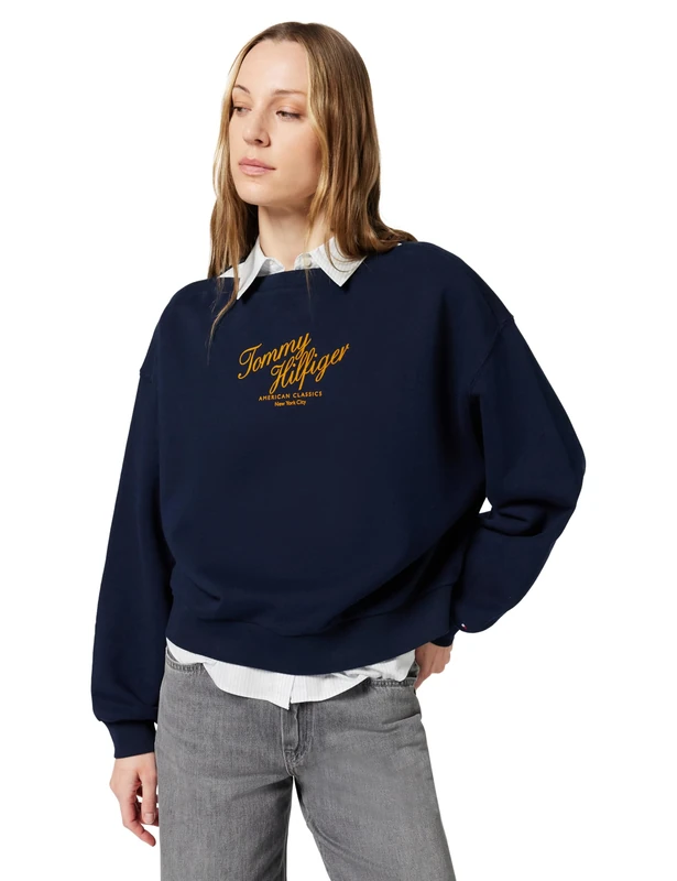 Tommy Hilfiger Women’s Sweatshirt Script Terry in Cotton, Blue (Dark Night Navy), XXS
