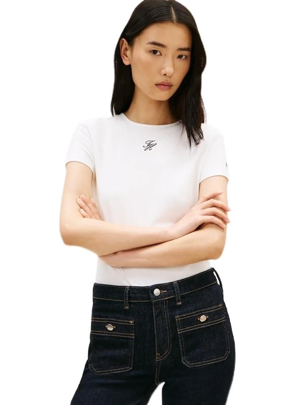 Tommy Hilfiger Women's Th Script Slim Ss Tee WW0WW48710, White, S - Image 1
