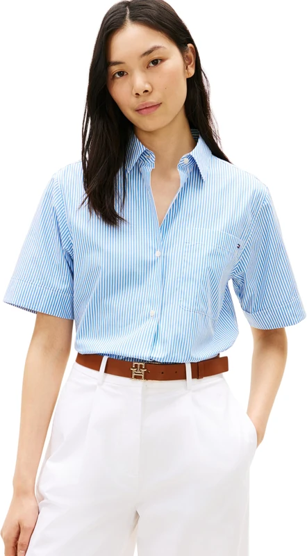 Tommy Hilfiger Women's Ess Poplin Ss Shirts WW0WW48899, Blue, L