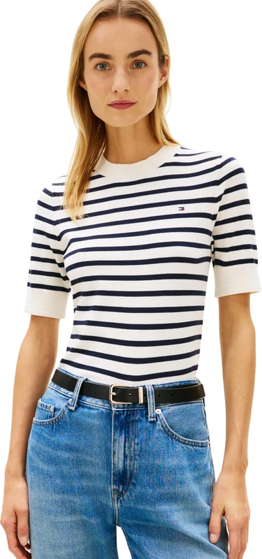 Tommy Hilfiger Women’s Jumper Jersey Short Sleeve, Multicolor (Ivory Petal/Dark N Navy STP), XL