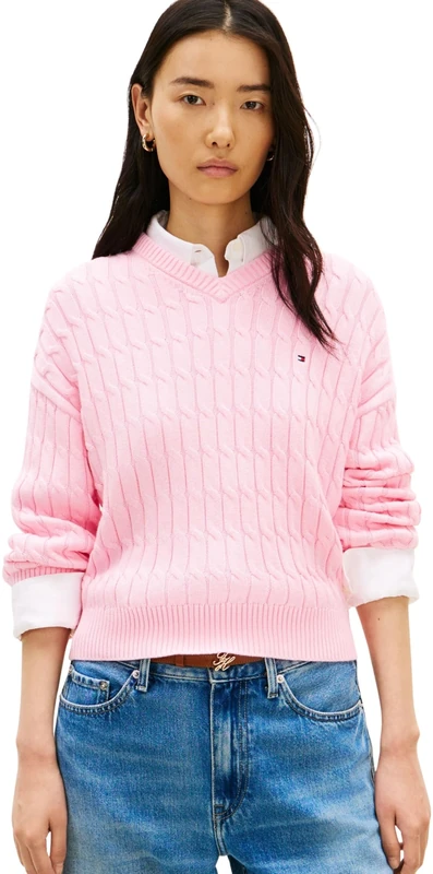 Tommy Hilfiger Women's Co Cable Mid Gg RLX Ls V-Nk SWT WW0WW48433, Pink, L
