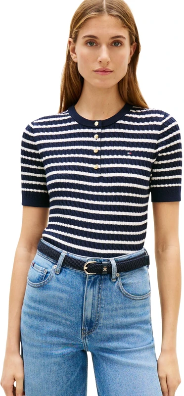 Tommy Hilfiger Women's Co Cable Fine Gg Ss Henley WW0WW49613, Blue, XS