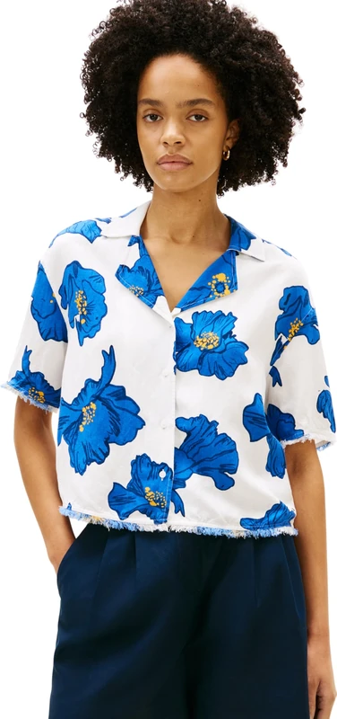 Tommy Hilfiger Women’s Shirt Linen with Fringing, Blue (Poppy Print Spaced Ivory/Blue Orbit), L