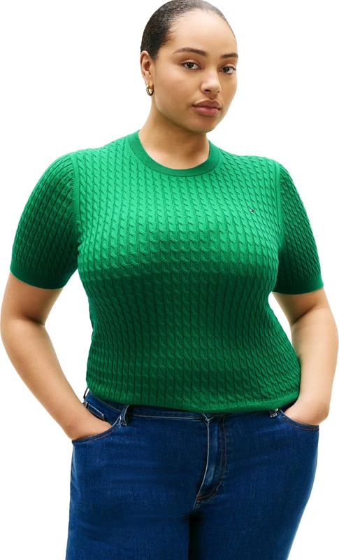 Tommy Hilfiger Women’s Jumper Cable Fine Short Sleeve, Green (Courtside Green), 18