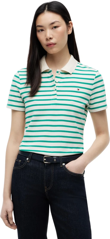 Tommy Hilfiger Women’s Polo Shirt Short Sleeve 1985 Pique Slim Fit, Green (Breton Stripe Calico/Courtside), S