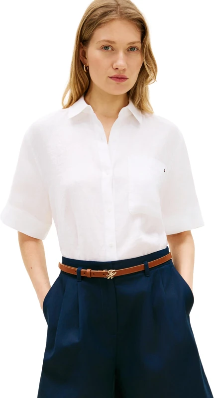Tommy Hilfiger Women's Ess Linen Ss Shirt WW0WW48925, White, M