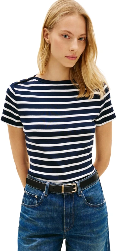 Tommy Hilfiger Women's Gold Button Slim Ss Tee WW0WW49250, Blue, XXS