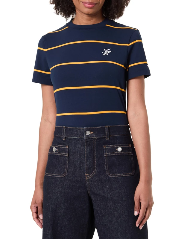 Tommy Hilfiger Women's Th Script Reg C-Nk Ss Tee Ww0Ww47809, Blue, XS