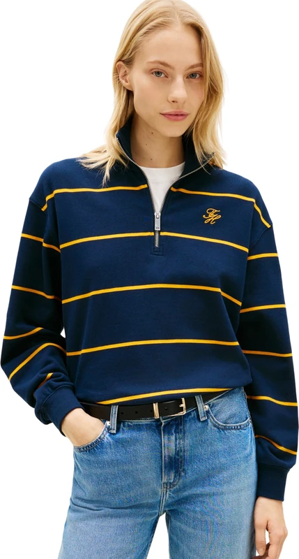 Tommy Hilfiger Women's Sweatshirt Script Half Zip with Stand Collar, Blue (Fine Stp Dark Night/Orange Flash), M