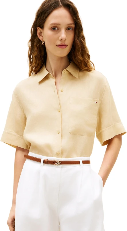 Tommy Hilfiger Women's Ess Linen Ss Shirt WW0WW48925, Beige, XS