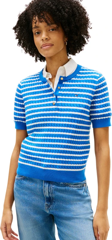 Tommy Hilfiger Women’s Jumper Cable Fine Henley Short Sleeve, Blue (Breton STP Blue Orbit), XS
