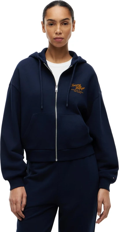 Tommy Hilfiger Women's Mdrn Script Zip Terry Hoodie WW0WW47845, BLUE, M