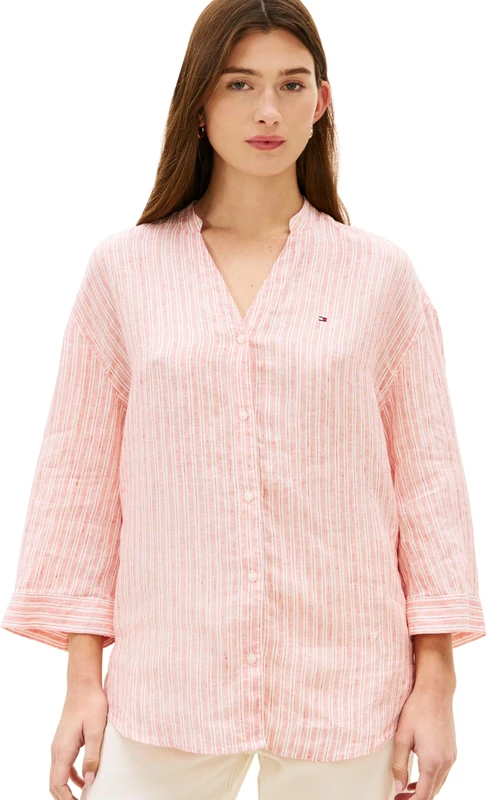 Tommy Hilfiger Women’s Shirt Linen Collarless Half Sleeve, Red (Chalk STP Ecru Fireworks), M