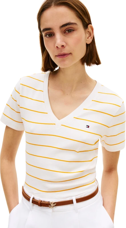 Tommy Hilfiger Women's Slim Cody V-Nk Ss Ww0Ww40584, Orange, S