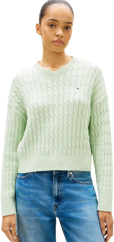 Tommy Hilfiger Women's Co Cable Mid Gg RLX Ls V-Nk SWT WW0WW48433, Green, XS