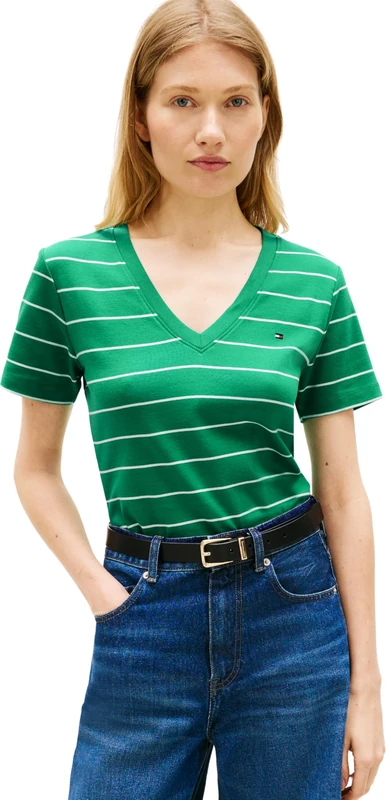 Tommy Hilfiger Women's Slim Cody V-Nk Ss Ww0Ww40584, Green, XL