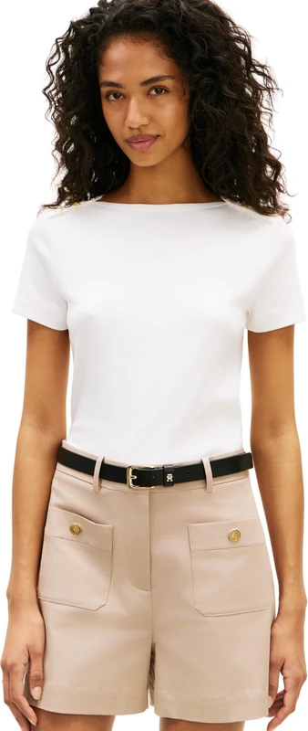 Tommy Hilfiger Women's Gold Button Slim Ss Tee WW0WW49250, White, XS