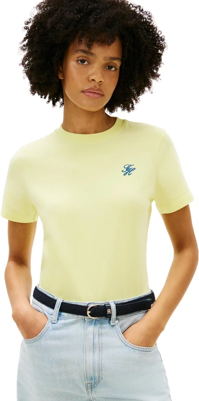 Tommy Hilfiger Women's Th Script Reg C-Nk Ss Tee Ww0Ww47809, Yellow, XL - Image 1