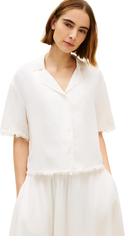 Tommy Hilfiger Women’s Shirt Linen with Fringing, White (Ivory Silk), XS
