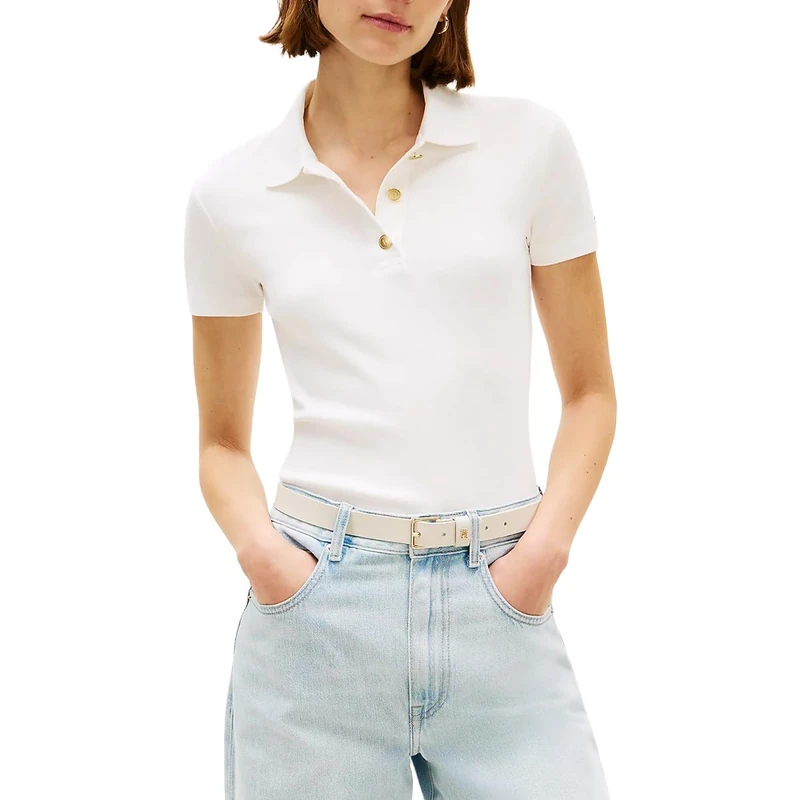 Tommy Hilfiger Women's Gold Button Slim Ss Polo Ww0Ww45768, White, S - Image 1