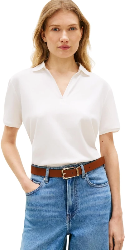Tommy Hilfiger Women's Lyocell Pique Open-Nk Ss Polo WW0WW48720, White, XL