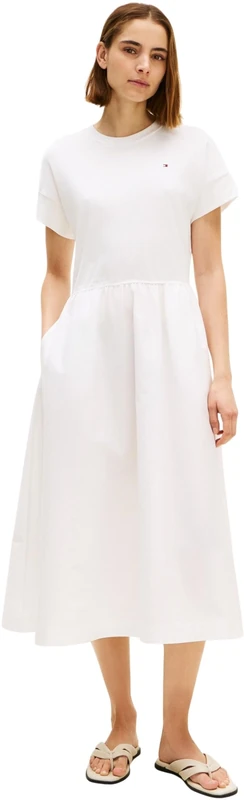 Tommy Hilfiger Women's Cody Mix Media C-Nk Midi Dress WW0WW51148, White, L